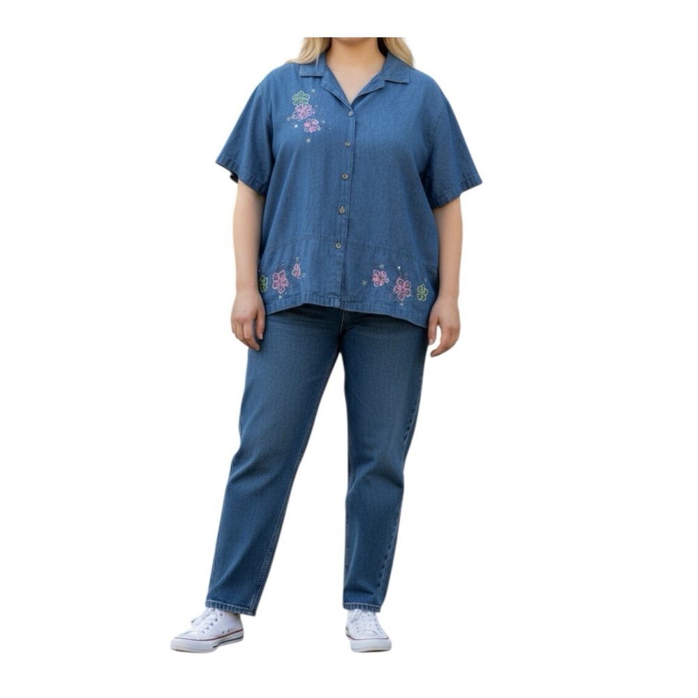 Vintage Y2K Jane Ashley Embroidered Denim Shirt 3X Floral Button Up Oversized